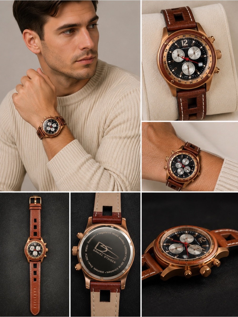 Daniel Steiger Swiss Movement Chronograph Watch Brown Leather Strap Mens